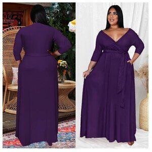 Women Plus Size maxi Dress 3/4 Sleeve V Neck Printing Purple tie belt 4XL